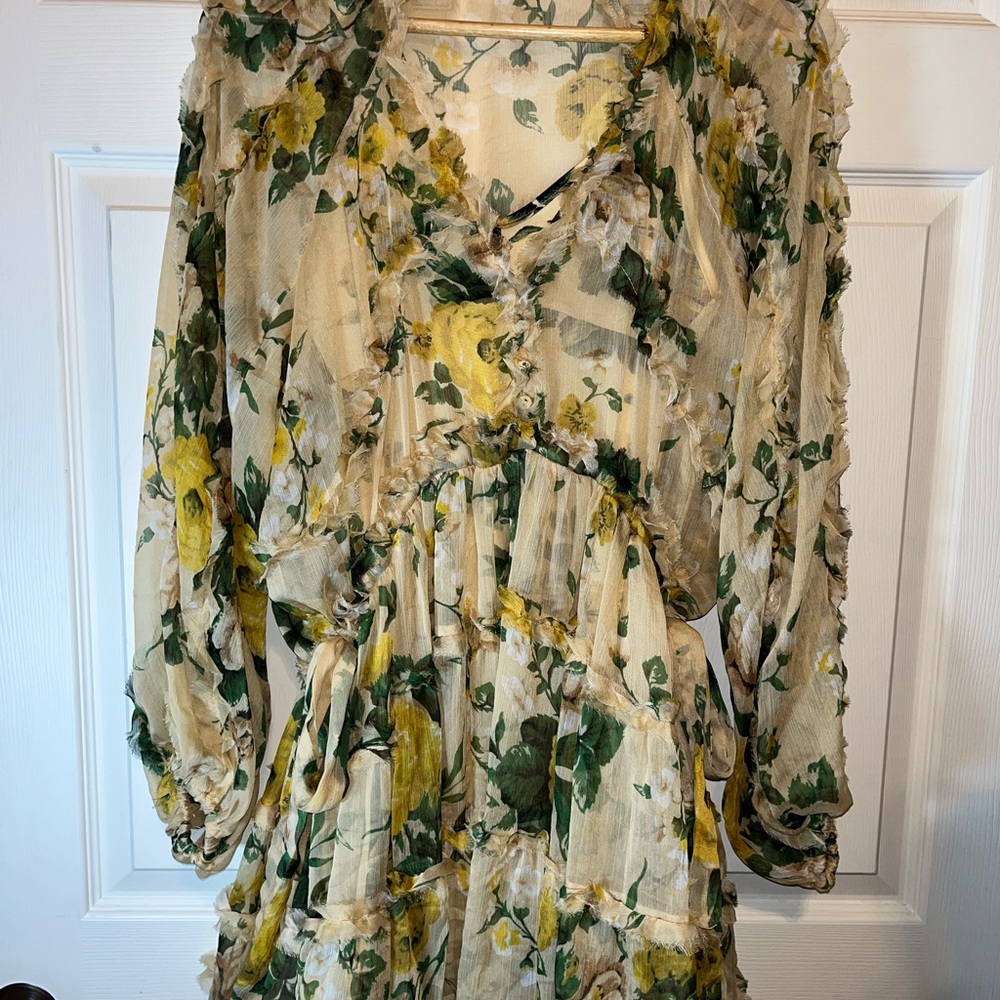 Yellow and Green Ruched Sundress with Bishop Sleeves